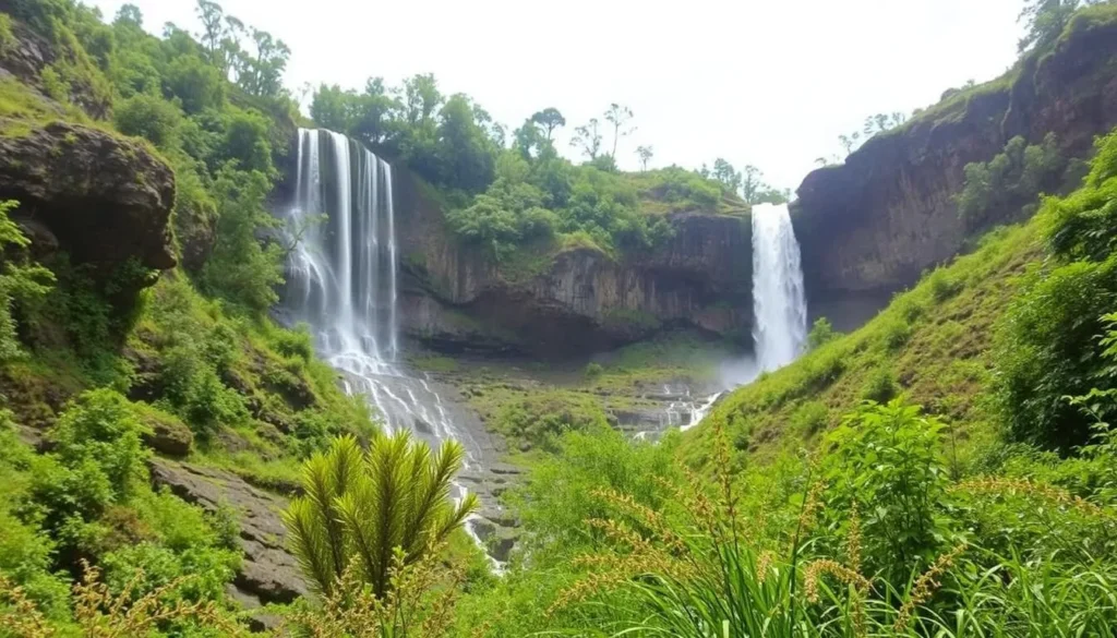 A picturesque view of Guide Falls, with water cascading down the rocky face surrounded by lush vegetation.