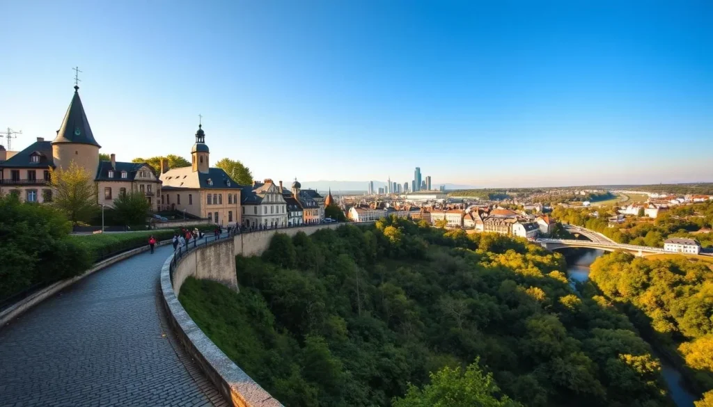 A picturesque view of Luxembourg City's historic Chemin de la Corniche, showcasing its stunning architecture and lush greenery. In the foreground, a winding cobblestone path leads visitors along the cliffside, offering breathtaking vistas of the Alzette River valley below. The middle ground features the charming buildings and spires of the Old Town, bathed in warm, golden sunlight. In the background, the modern skyscrapers of the Kirchberg district rise up, creating a harmonious blend of old and new. The scene is captured with a wide-angle lens, emphasizing the grand scale and depth of the landscape. The mood is one of tranquility and wonder, inviting the viewer to immerse themselves in the beauty of this historic European city.