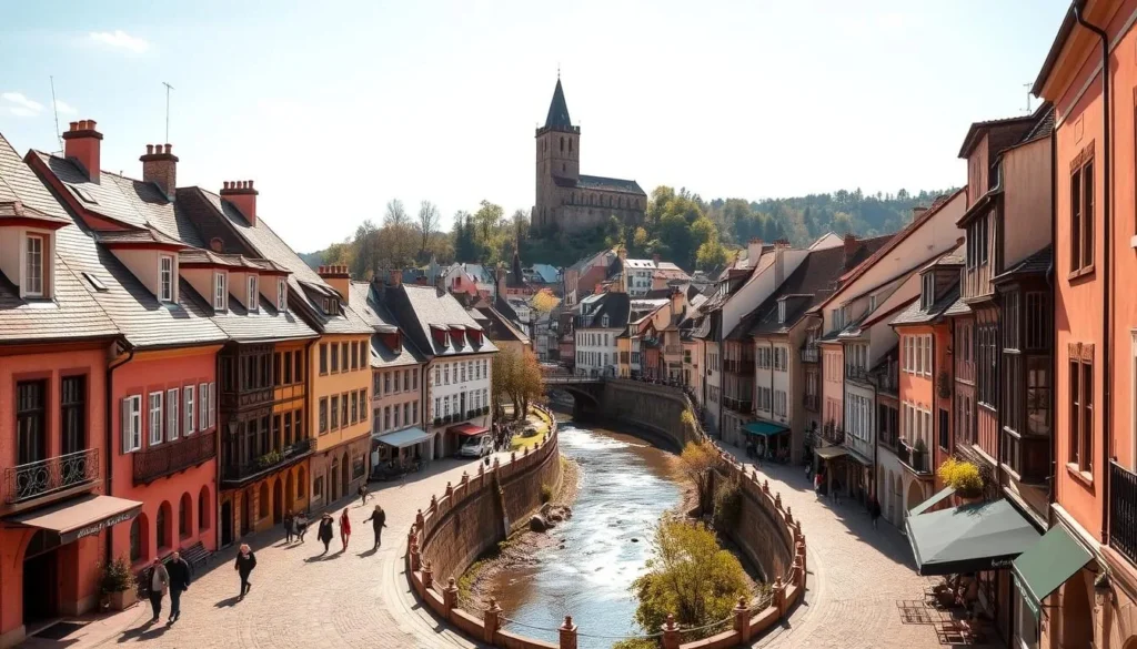 A picturesque view of Luxembourg City's historic Grund district on a bright, sunny day. The quaint, colorful buildings line the winding streets, their traditional architecture reflecting the city's rich cultural heritage. In the foreground, pedestrians stroll along the cobblestone pathways, while the middle ground features the iconic Alzette River flowing gently through the valley. In the background, the towering Chemin de la Corniche overlooks the scene, casting a warm, golden glow over the entire landscape. Capture the tranquil, charming atmosphere of this enchanting neighborhood, showcasing its timeless allure and inviting visitors to explore its hidden delights.