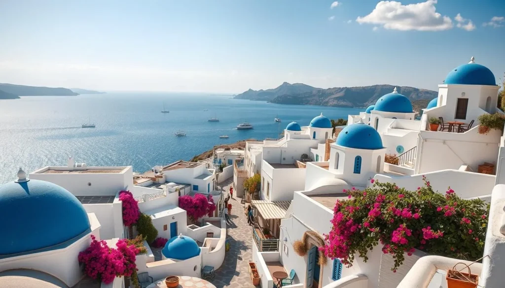 A picturesque view of Mykonos Island, Greece, on a beautiful sunny day. In the foreground, whitewashed buildings with blue-domed roofs and colorful bougainvillea cascading down the walls. In the middle ground, narrow winding streets lined with quaint shops and cafes, bustling with local life. In the background, the sparkling azure waters of the Aegean Sea, dotted with traditional fishing boats and yachts. The scene is bathed in warm, golden light, casting soft shadows and highlighting the island's stunning natural beauty. Capture the essence of Mykonos' timeless charm and Mediterranean allure.