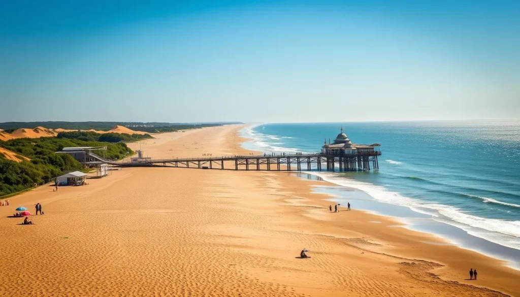 A picturesque view of Old Orchard Beach, Maine on a sunny summer day. The long, sandy beachfront stretches out in the foreground, dotted with colorful umbrellas and families enjoying the warm weather. In the middle ground, the iconic Old Orchard Beach Pier extends out into the sparkling Atlantic Ocean, its wooden structure and amusement park rides visible. Behind, rolling sand dunes and lush, green foliage frame the scene, creating a charming, quintessential New England coastal landscape. Warm, golden sunlight bathes the entire area, evoking a sense of tranquility and relaxation. Capture the timeless, picturesque appeal of this beloved seaside destination.