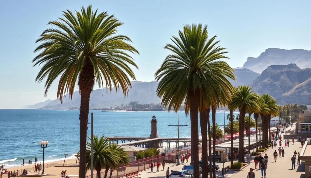 A picturesque view of Redondo Beach's charming coastline on a sun-drenched day. In the foreground, a lively promenade bustles with beachgoers strolling along the boardwalk, stopping to admire the stunning ocean vistas. Towering palm trees sway gently in the coastal breeze, casting dappled shadows on the scene. In the middle ground, the iconic Redondo Pier extends out into the sparkling azure waters, its wooden structure and historic lighthouse creating a timeless silhouette. The background is dominated by the rugged Palos Verdes Peninsula, its rolling hills and rocky cliffs framing the breathtaking panorama. The overall atmosphere is one of relaxation and coastal charm, inviting the viewer to immerse themselves in the beauty of Redondo Beach.