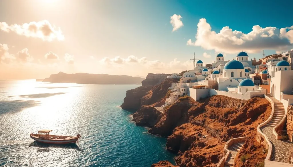 A picturesque view of Santorini's iconic blue-domed churches and whitewashed buildings nestled atop rugged cliffs, overlooking the sparkling Aegean Sea. Warm, golden sunlight filters through fluffy white clouds, casting a serene, romantic glow across the landscape. In the foreground, a traditional Greek fishing boat bobs gently in the crystal-clear waters, while in the middle ground, meandering cobblestone paths wind through the quaint village. The background features the dramatic caldera, with its dramatic volcanic rock formations and vibrant blue skies. Capture this stunning scene with a wide-angle lens, accentuating the picturesque, tranquil atmosphere of Santorini.
