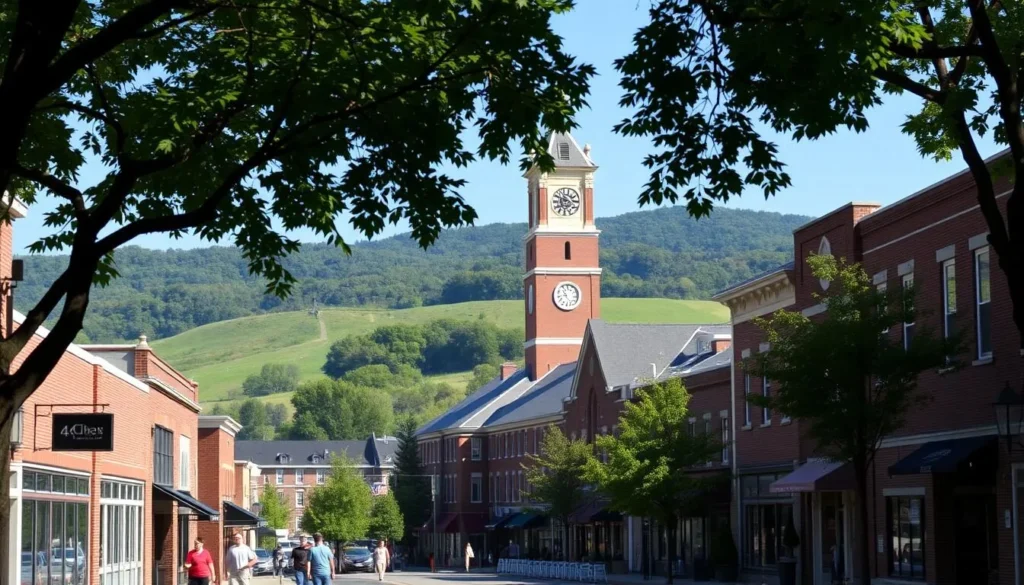 A picturesque view of State College, Pennsylvania's vibrant downtown nestled in the lush, rolling hills of Happy Valley. In the foreground, pedestrians stroll along tree-lined streets, past charming brick buildings housing local shops and cafes. In the middle ground, the iconic Old Main tower stands tall, its clock tower casting a warm glow in the afternoon sunlight. In the background, verdant hills and a clear blue sky create a serene, pastoral backdrop, hinting at the natural beauty that surrounds this quaint college town. The scene exudes a sense of tranquility and community, inviting the viewer to explore State College's hidden gems.