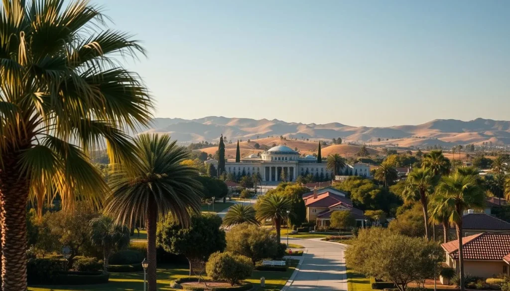 A picturesque view of Yorba Linda, California, bathed in warm sunlight. In the foreground, lush palm trees sway gently, casting delicate shadows on the well-manicured gardens and charming houses. The middle ground features the iconic Richard Nixon Presidential Library, its stately architecture blending seamlessly with the quaint, suburban ambiance. In the distance, the rolling hills of Orange County's hidden gem provide a scenic backdrop, their golden hues reflecting the tranquil atmosphere. Capture the essence of this charming town, showcasing its blend of history, natural beauty, and small-town character through a crisp, high-resolution image.