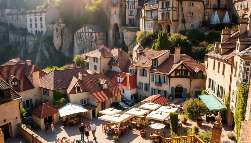 A picturesque view of charming Rocamadour accommodations nestled amidst the dramatic limestone cliffs. A quaint, historic village center with a mix of traditional stone buildings, cozy inns, and charming bed & breakfasts. Warm natural sunlight filters through the narrow streets, casting a golden glow over the terracotta rooftops. In the foreground, a cluster of inviting outdoor terraces and gardens offer stunning vistas of the surrounding countryside. Guests stroll leisurely, taking in the tranquil ambiance and medieval ambiance. The overall mood is one of serene relaxation, perfectly capturing the essence of a peaceful countryside retreat.