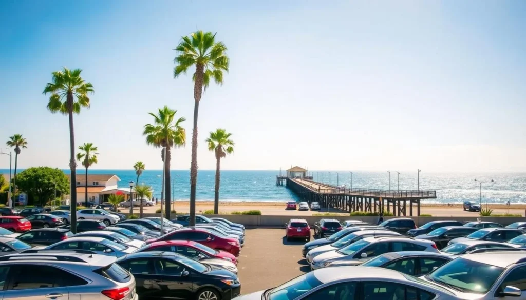 A picturesque view of the Redondo Beach Pier parking lot on a bright, sunny day. The lot is filled with neatly arranged cars, their colors reflecting the warm California sunshine. In the background, the iconic wooden pier stretches out over the sparkling blue waters of the Pacific Ocean, its distinctive silhouette framed by a cloudless sky. Lush palm trees sway gently in the coastal breeze, adding to the laid-back, seaside ambiance. The scene conveys a sense of tranquility and ease, inviting visitors to park their cars and explore the charming beachfront attractions nearby.