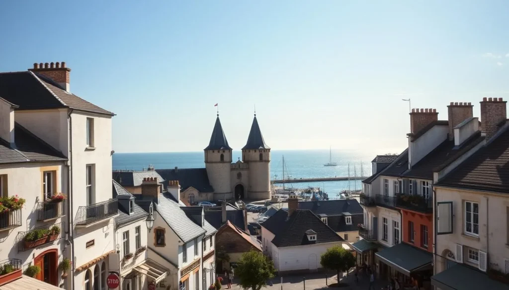 A picturesque view of the historic port city of La Rochelle, France on a sunny day. In the foreground, the charming old town with its distinctive white stone buildings and charming cafes lining the quaint cobblestone streets. In the middle ground, the iconic twin towers of the old harbor entrance stand tall, their gothic architecture casting dramatic shadows. In the background, the shimmering waters of the Atlantic Ocean and the distant horizon. Capture the vibrant atmosphere of this coastal gem, with warm natural lighting illuminating the scene and a sense of tranquility pervading the atmosphere.