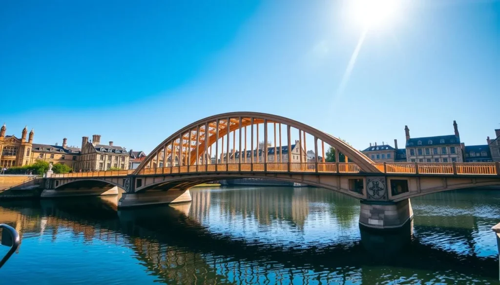 A picturesque view of the iconic Mathematical Bridge in Cambridge, England, spanning the River Cam under a clear, azure sky. The elegant, wooden structure, designed in a graceful, curved arch, is mirrored in the calm, reflective waters below. Sunlight filters through the delicate lattice of wooden beams, casting warm, golden hues across the scene. In the background, the stately, historic buildings of Cambridge University create a stunning, architectural backdrop. The overall atmosphere is one of serene tranquility, capturing the unique charm and heritage of this renowned landmark.