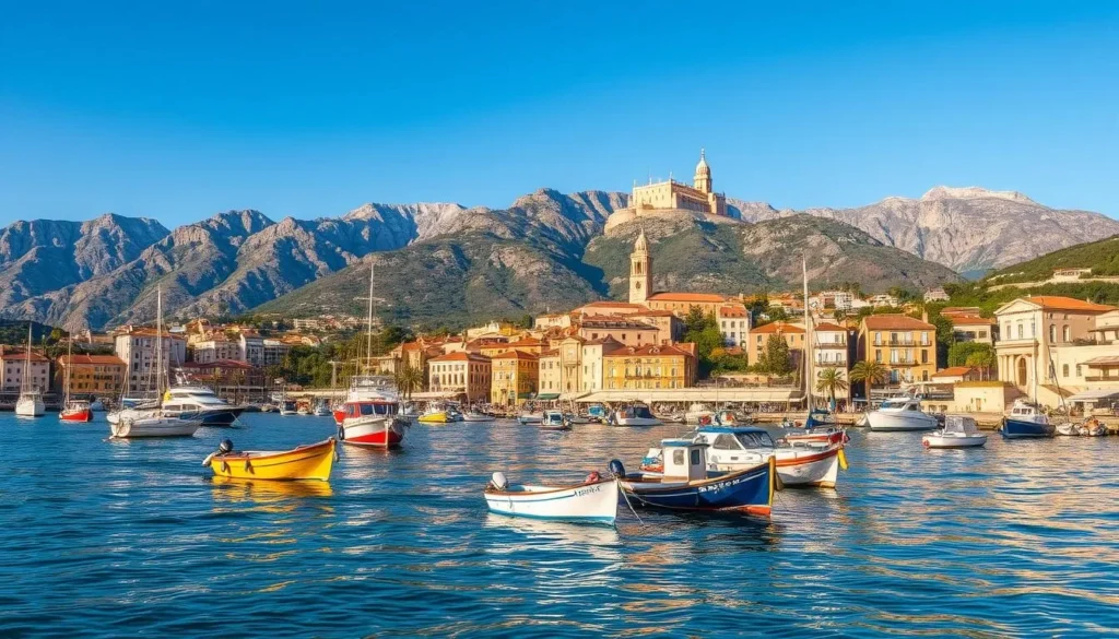A picturesque view of the seaside city of Ajaccio, France on a bright, sunny day. In the foreground, colorful fishing boats bob gently in the tranquil harbor, their reflections rippling in the crystal-clear water. In the middle ground, the historic cityscape rises up, with charming terracotta-roofed buildings and the iconic Ajaccio Cathedral standing tall. In the distance, the rugged, snow-capped peaks of the Corsican mountains form a dramatic backdrop, casting long shadows across the landscape. The scene is bathed in warm, golden light, creating a serene and inviting atmosphere that captures the essence of this picturesque Mediterranean destination.