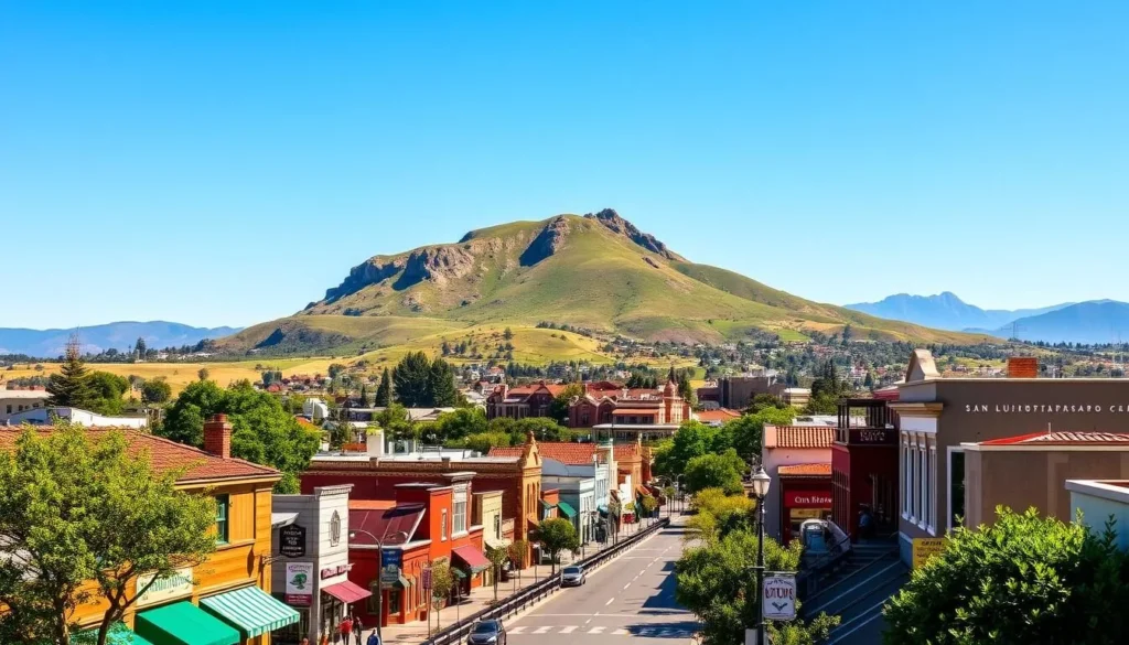 A picturesque view of the vibrant city of San Luis Obispo, California, on a sun-dappled day. In the foreground, charming downtown streets lined with quaint shops, cafes, and historic buildings exude a warm, welcoming atmosphere. In the middle ground, the iconic Cerro San Luis Obispo mountain rises majestically, its rolling green slopes and rocky outcroppings framed by a clear, azure sky. In the background, the distant Santa Lucia mountain range stands tall, its peaks bathed in a soft, golden light. Capture the essence of this "Happy Place" - a perfect blend of natural beauty, small-town character, and West Coast vibrancy. A picturesque view of the vibrant city of San Luis Obispo, California, on a sun-dappled day. In the foreground, charming downtown streets lined with quaint shops, cafes, and historic buildings exude a warm, welcoming atmosphere. In the middle ground, the iconic Cerro San Luis Obispo mountain rises majestically, its rolling green slopes and rocky outcroppings framed by a clear, azure sky. In the background, the distant Santa Lucia mountain range stands tall, its peaks bathed in a soft, golden light. Capture the essence of this "Happy Place" - a perfect blend of natural beauty, small-town character, and West Coast vibrancy.