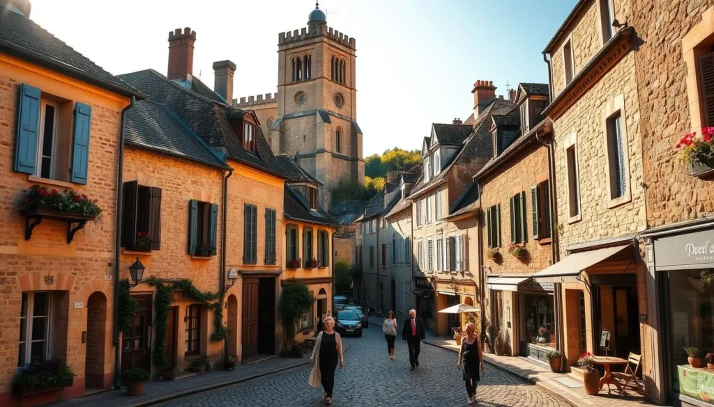 A picturesque village nestled in the rolling hills of Bordeaux, Saint-Émilion shines in the warm afternoon sun. Quaint stone buildings line winding cobblestone streets, their facades adorned with charming window boxes and flowering vines. At the center, a magnificent Romanesque church tower rises, its ochre-hued stone reflecting the golden light. Locals and visitors alike stroll leisurely, pausing to admire the views or browse the boutiques and cafés. The scene exudes a timeless, tranquil atmosphere, inviting you to lose yourself in the village's captivating medieval ambiance.