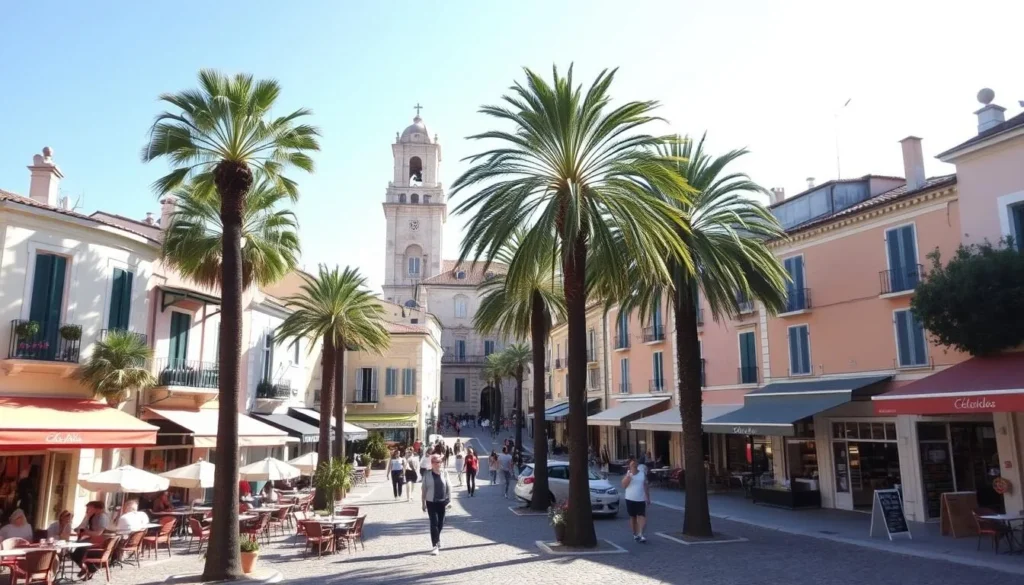 A picturesque village square in the historic heart of Saint-Tropez, France. Cobblestone streets and charming pastel-colored buildings line the sun-dappled scene. In the foreground, quaint cafes and boutiques spill out onto the plaza, their tables and umbrellas adding splashes of vibrant color. Tall palm trees sway gently in the warm Mediterranean breeze, casting soft shadows across the scene. In the middle ground, people stroll leisurely, admiring the architecture and taking in the lively, unhurried atmosphere. The background features the iconic bell tower of the Église de Ramatuelle, its pale stone façade glowing in the golden afternoon light. The overall mood is one of tranquil, historic elegance.
