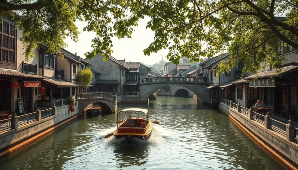 A picturesque water town nestled along tranquil canals, Zhujiajiao exudes an enchanting, historic ambiance. Capture the elegant bridges arching over shimmering waterways, flanked by traditional architecture in muted hues. Boats glide leisurely, their hulls casting gentle ripples. Quaint shops and eateries line the charming alleyways, their façades adorned with intricate carvings and signage. Dappled sunlight filters through the lush, overhanging foliage, casting a warm, nostalgic glow across the serene scene. Render this timeless, picturesque slice of "Shanghai's Venice" with a cinematic, hyper-realistic aesthetic.