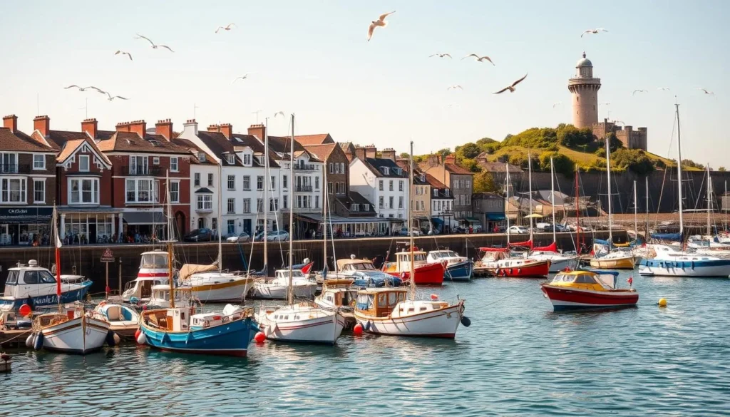 A picturesque waterfront scene in Plymouth, England, on a sunny day. In the foreground, colorful fishing boats and yachts are docked, their reflections rippling in the calm waters. Middle ground features quaint seafront buildings, their facades adorned with intricate architectural details. In the background, the iconic Smeaton's Tower lighthouse stands tall, overlooking the bustling harbor. Seagulls soar overhead, adding to the lively coastal atmosphere. Crisp, warm lighting bathes the entire scene, creating a welcoming and serene ambiance. Capture the essence of Britain's "Ocean City" with a classic seaside landscape.