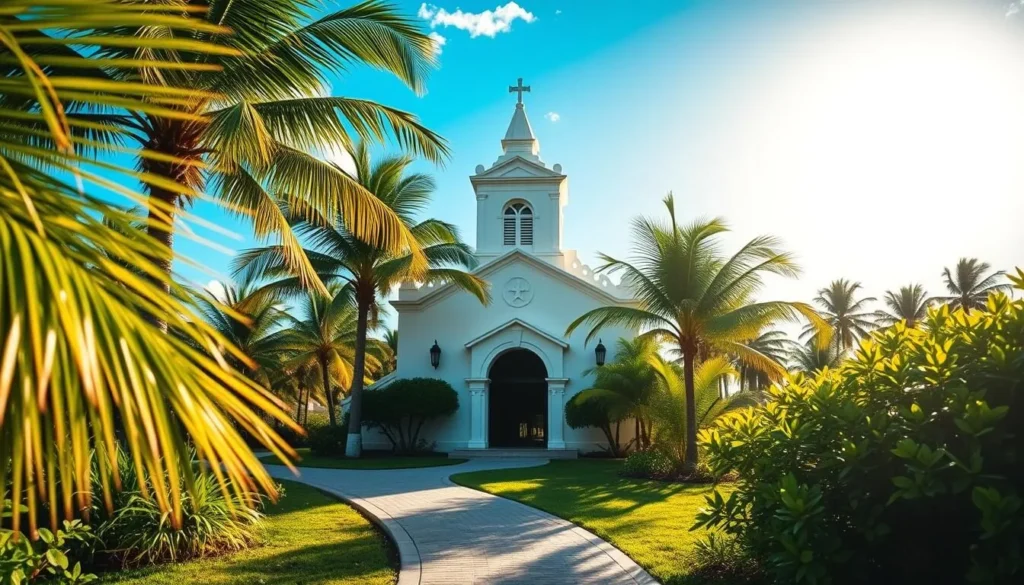 A picturesque white chapel nestled amidst lush palm trees, the Alto Vista Chapel stands proudly against a vibrant azure sky. Sunlight filters through the arched entryway, casting a warm glow upon the serene scene. The chapel's iconic steeple and ornate facade evoke a sense of tranquility and timeless elegance. In the foreground, a winding path leads visitors towards the chapel's welcoming entrance, inviting them to explore this cultural landmark. The middle ground features swaying palm fronds and verdant foliage, creating a lush, tropical ambiance. In the background, the horizon is dotted with the distinctive silhouettes of swaying palm trees, completing the picturesque Aruban landscape. Capture the essence of this captivating cultural experience with a crisp, realistic rendering.