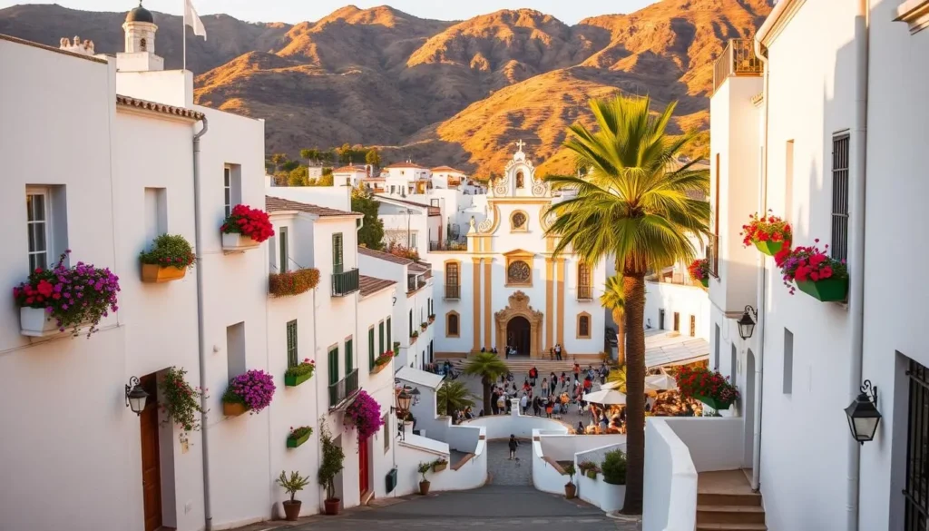 A picturesque white village nestled in the Andalusian hills, Mijas Pueblo offers a charming and tranquil respite. Capture the essence of this enchanting locale, with its narrow, winding streets flanked by whitewashed houses adorned with colorful flowers cascading from window boxes. Showcase the stunning mountain backdrop that frames the village, casting a warm, golden glow over the scene. Depict the lively town square, bustling with locals and visitors alike, gathered around the iconic Baroque-style church. Convey a sense of serene Mediterranean ambiance, with gentle sunlight filtering through the palm trees and the promise of a leisurely exploration of this picturesque Spanish gem.