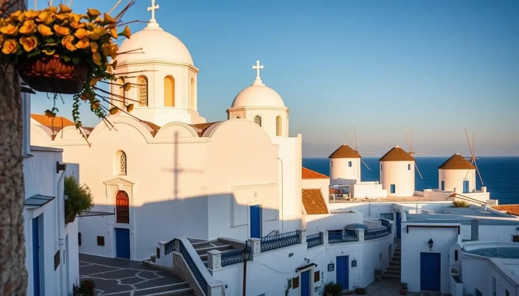 A picturesque, whitewashed, five-domed church nestled amidst the narrow, winding streets of Mykonos. Panagia Paraportiani stands tall, its Byzantine-influenced architecture bathed in warm, golden sunlight that casts intricate shadows across its intricate facades. The foreground features the church's distinctive asymmetrical layout, with each dome and architectural element blending seamlessly into the harmonious whole. In the middle ground, traditional Cycladic houses and shops surround the church, their vibrant blue doors and window frames contrasting with the pristine white walls. The background showcases the iconic windmills of Mykonos, their sails gently turning in the island breeze, with the deep blue Aegean Sea stretching out beyond. An air of tranquility and timelessness permeates the scene, inviting the viewer to step into this timeless corner of Greece.