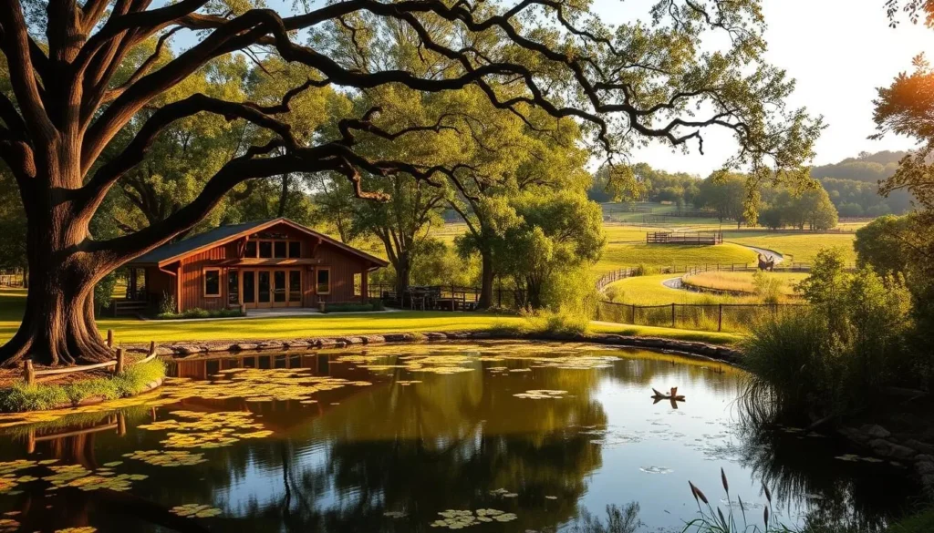 A picturesque wildlife center nestled in the lush forests of Alabama. In the foreground, a tranquil pond surrounded by towering oak trees, their branches casting dappled shadows on the water's surface. In the middle ground, a rustic wooden building with large windows, inviting visitors to explore the exhibits showcasing the diverse flora and fauna of the region. In the background, a rolling landscape of verdant hills and winding trails, where visitors can observe native wildlife in their natural habitats, bathed in the warm glow of a golden afternoon sun. The scene exudes a sense of peaceful education and environmental stewardship, perfect for a family-friendly adventure.