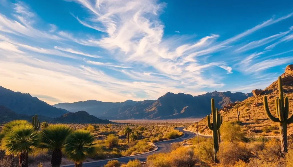 A picturesque winter landscape in Tucson, Arizona. In the foreground, a desert oasis with lush palm trees and cacti set against a backdrop of rugged mountains. The midground features a winding road leading through the arid terrain, dotted with sage-green shrubs and wildflowers. The sky above is a brilliant azure, with wispy cirrus clouds casting a warm, golden glow over the scene. The lighting is soft and diffused, creating a tranquil, serene atmosphere. Capture this serene desert setting during the mild, sunny days of the Tucson winter, showcasing the region's unique natural beauty.