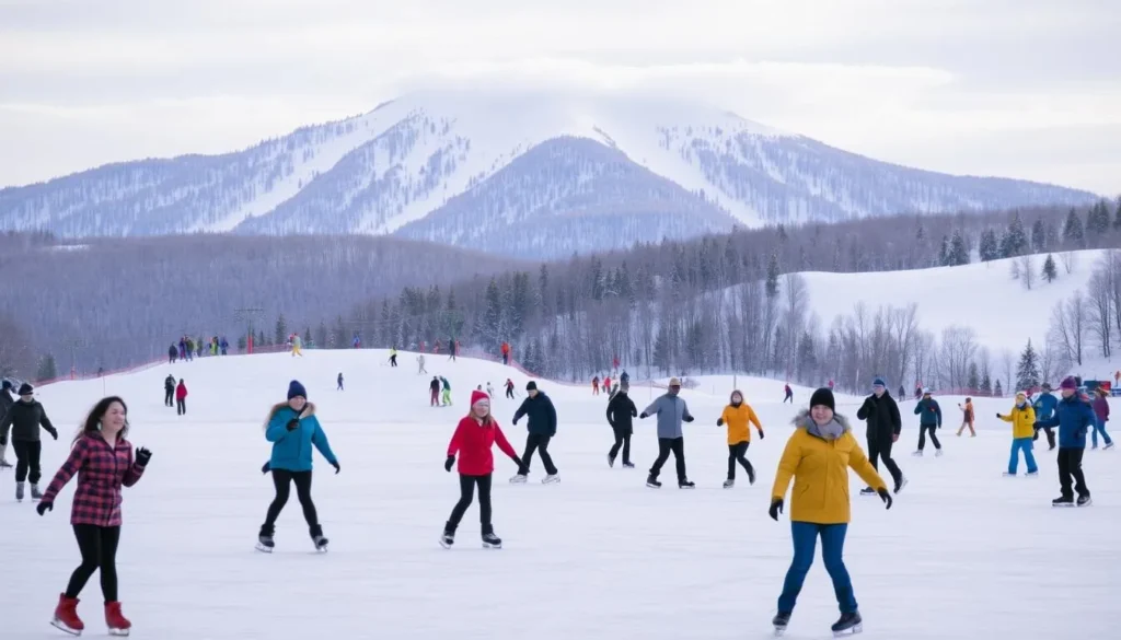 A picturesque winter scene at Sugarloaf Resort, Maine. In the foreground, a group of people ice skating on a frozen lake, their laughter and movements captured in a soft, diffused light. In the middle ground, skiers and snowboarders carve graceful turns down the slopes, their vibrant outfits contrasting against the pristine white snow. The background features the majestic Sugarloaf Mountain, its peaks dusted with a layer of fresh snowfall, creating a serene and peaceful atmosphere. The overall scene conveys the joy and excitement of a variety of winter activities beyond just downhill skiing at this premier New England resort.