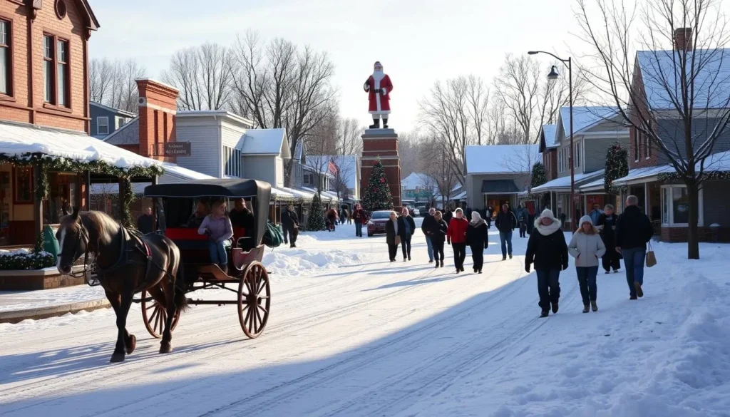 A picturesque winter scene in Santa Claus, Indiana, on a crisp, sunny Christmas day. The historic town center is dressed in festive holiday cheer, with twinkling lights adorning the quaint shops and homes. In the foreground, a horse-drawn carriage carries passengers through the snow-dusted streets, while in the background, the iconic Santa Claus statue stands tall, overlooking the festive celebrations. The mid-ground features families strolling along the sidewalks, bundled up in warm winter attire, as they take in the charming, small-town atmosphere. The lighting is soft and natural, casting a warm, inviting glow over the entire scene, conveying the cozy, magical ambiance of the best time to visit this winter wonderland.