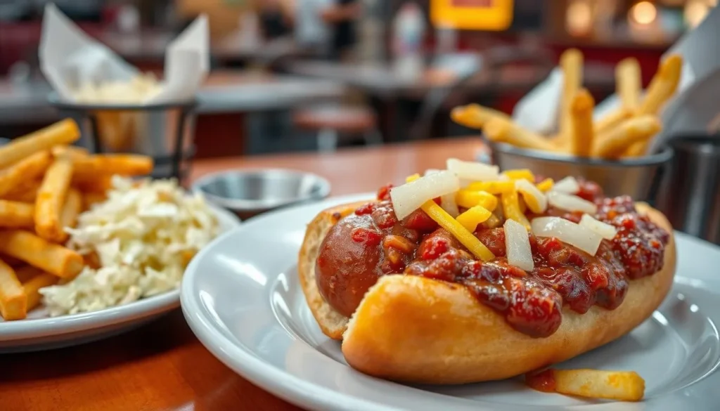 A plate of Washington DC's signature half-smoke sausage with chili and sides at a local eatery