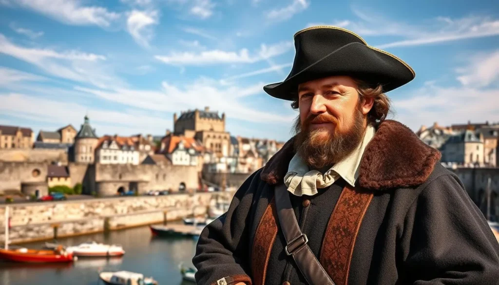 A portrait of Jacques Cartier, the 16th-century French explorer and navigator, standing in the historic coastal town of Saint-Malo, Brittany. Cartier is depicted in a detailed, realistic style, wearing a long coat and hat typical of the Renaissance era. The background showcases the picturesque harbor, with iconic granite buildings and ramparts, under a bright, azure sky with wispy clouds. The scene conveys a sense of adventure, exploration, and the rich maritime history that shaped Saint-Malo and its connection to Cartier's voyages to the New World.