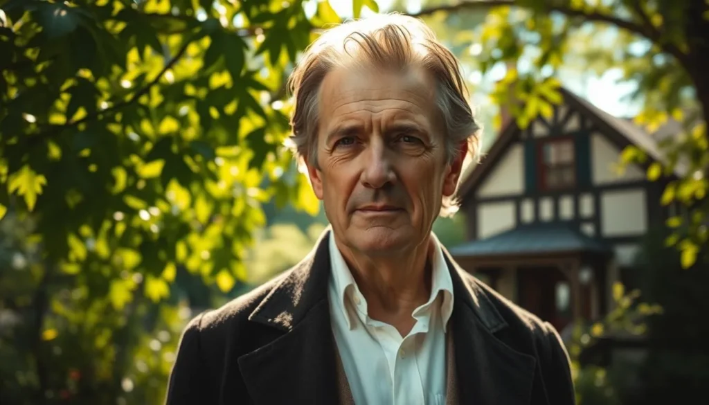 A portrait of James Fenimore Cooper, the renowned American novelist, standing in a lush, verdant setting. Sunlight filters through the leaves, casting a warm, golden glow on his weathered face. He is dressed in a crisp, white shirt and a dark, tailored coat, exuding an air of intellectual sophistication. In the background, a quaint, historic building, perhaps a library or a writer's study, hints at the cultural and literary significance of Cooperstown, New York, the setting for many of Cooper's famous tales. The scene evokes a sense of timeless elegance and the enduring legacy of this celebrated American author.