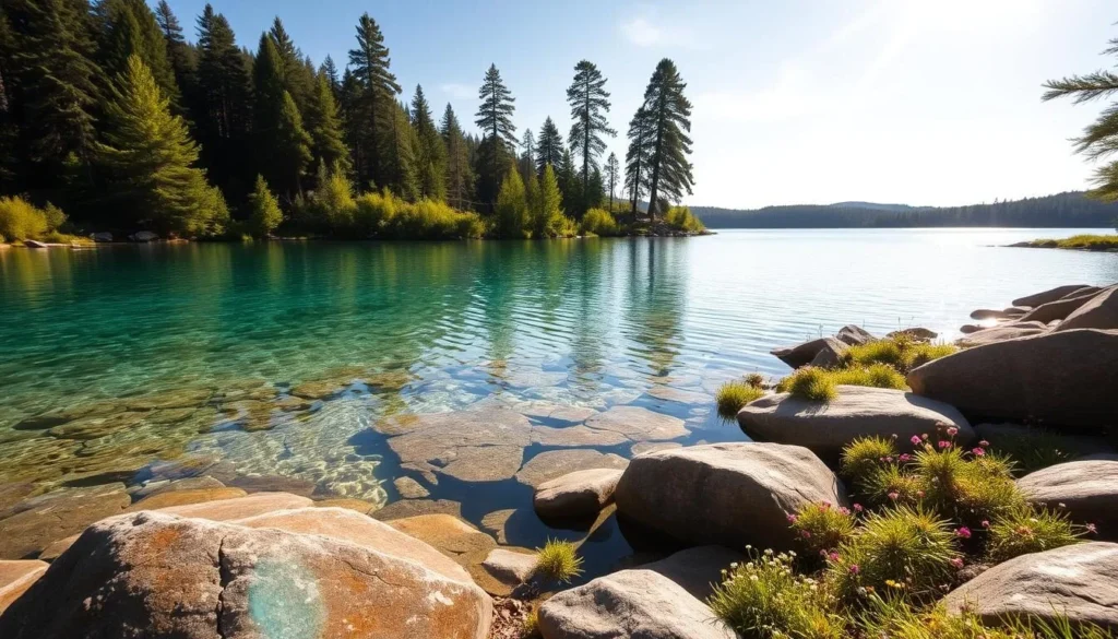 A pristine, crystal-clear lake nestled amid lush, verdant forests. Sunlight gently dances across the tranquil surface, creating a mesmerizing play of light and reflection. The shoreline is adorned with smooth, weathered rocks and patches of vibrant wildflowers, inviting visitors to bask in the serene, natural beauty. In the distance, towering pine trees stand tall, their branches swaying softly in the gentle breeze. The scene exudes a sense of peaceful solitude, allowing the viewer to fully immerse themselves in the untouched wonder of this picturesque landscape.