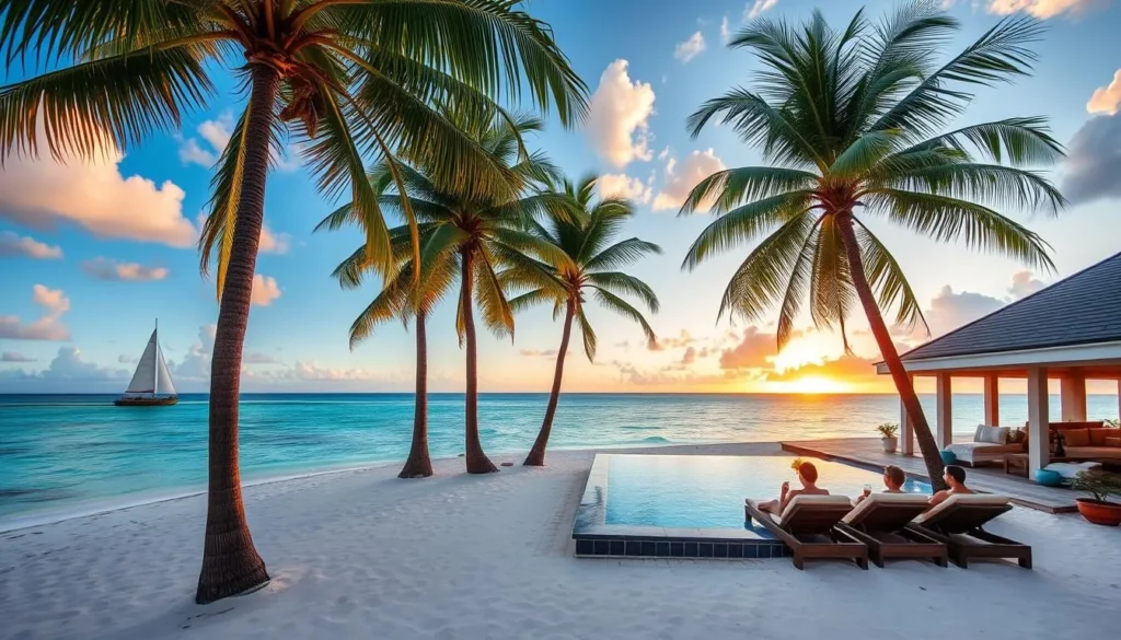 A pristine private island oasis in the turquoise waters of the Caribbean. Towering palm trees sway gently in the warm breeze, casting soft shadows on the powdery white sand beach. A luxurious beachfront villa with an infinity pool overlooks the sparkling azure sea. Guests relax on plush lounge chairs, sipping tropical cocktails as the sun dips below the horizon, painting the sky in vibrant hues of orange and pink. Capture the essence of an exclusive, tranquil escape amidst the natural beauty of Belize.