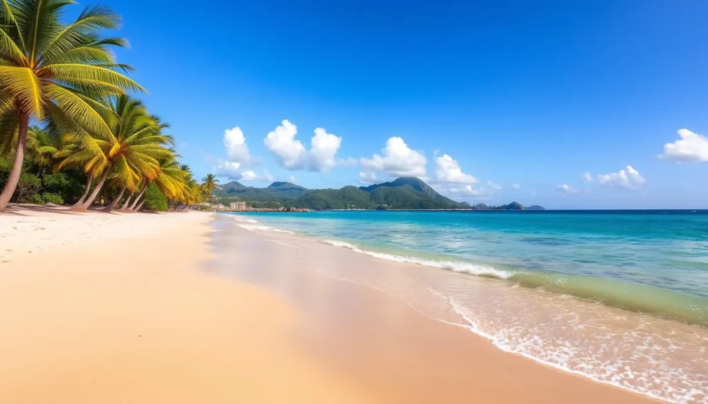 A pristine tropical beach on the island of Petite Martinique, Grenada. Soft, golden sand stretches out under a clear, azure sky. Gentle waves lap at the shore, their turquoise waters sparkling in the warm, Caribbean sunlight. Swaying palm trees line the beach, their fronds casting dappled shadows on the sand. In the distance, lush, verdant hills rise up, providing a picturesque backdrop. The scene exudes a sense of tranquility and natural beauty, inviting visitors to relax and soak in the island's unspoiled charm.