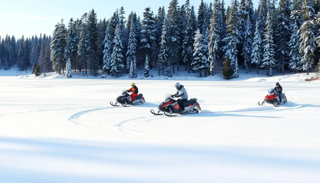 A pristine winter landscape on the shores of Big Sandy Lake, Minnesota. In the foreground, a group of snowmobilers carve graceful arcs through the pristine, powdery snow. The riders are outfitted in bright, weatherproof gear, their machines leaving a trail of tracks behind them. The middle ground features the frozen lake, its surface a glistening expanse of ice, while the background is dominated by a dense forest of towering pines, their branches laden with fresh snow. The scene is bathed in the soft, diffused light of a winter afternoon, creating a serene and peaceful atmosphere. Capture the thrill of winter adventure on this picturesque Minnesota lake.
