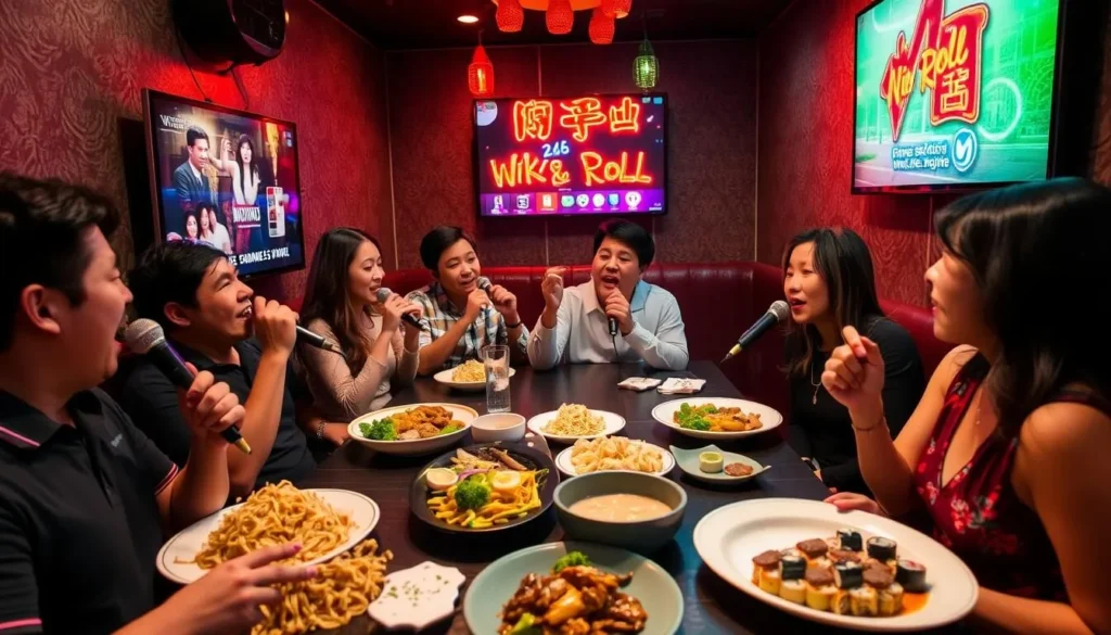 A private karaoke room at Wok & Roll with Chinese food being served while patrons sing