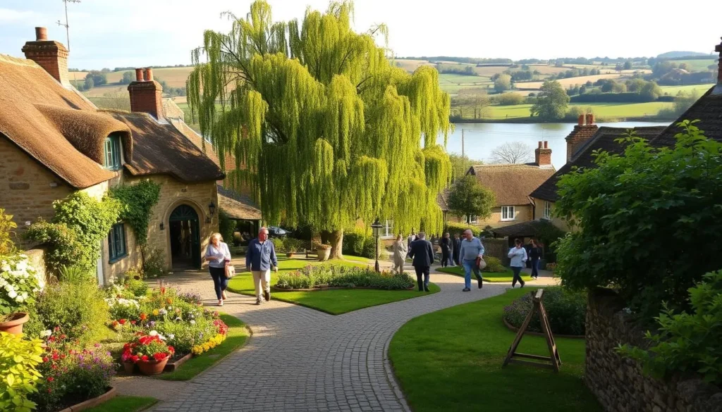 A quaint English village nestled among rolling hills, its charming stone cottages and thatched roofs bathed in warm, golden sunlight. In the foreground, a cobblestone path winds through a lush, verdant garden, dotted with vibrant flowers and towering elm trees casting playful shadows. In the middle ground, villagers stroll leisurely, carrying woven baskets and exchanging friendly greetings. Beyond, a serene river meanders, its placid surface reflecting the surrounding pastoral idyll. The scene exudes a sense of timeless tranquility, inviting the viewer to immerse themselves in the peaceful rhythm of rural life.