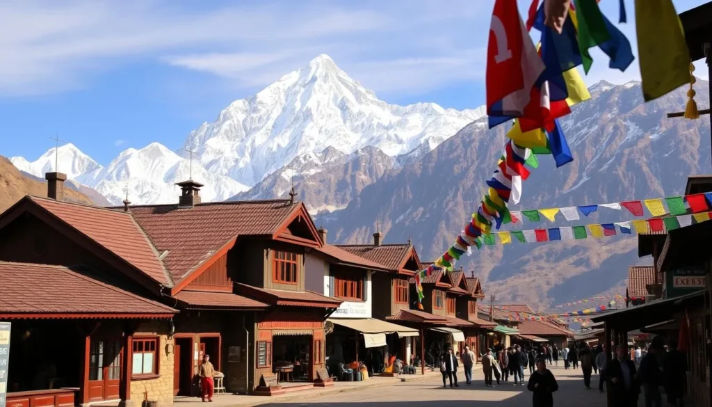 A quaint Himalayan village nestled amidst the majestic peaks of the Everest region, Lukla stands as the thriving gateway to this iconic mountainous wonderland. Capture its charming buildings with slanted roofs and ornate wooden trimmings, flanked by towering snow-capped mountains that loom in the distance. Depict the bustling marketplace, where locals and trekkers mingle, exchanging goods and stories. Showcase the vibrant prayer flags that flutter in the crisp, alpine breeze, adding a touch of spiritual serenity to the scene. Bathe the entire landscape in the warm, golden glow of a clear mountain day, conveying the serene, picturesque atmosphere that captivates all who visit this remarkable Himalayan hamlet.