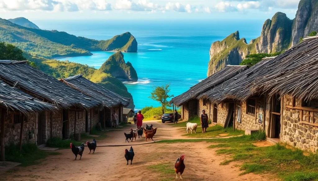 A quaint Ivatan village nestled on the rolling hills of Sabtang Island, Philippines. Thatched-roof huts with stone walls stand in neat rows, their weathered facades bathed in warm afternoon sunlight. Chickens and goats roam the unpaved pathways, while locals in traditional dress go about their daily tasks. In the distance, the cerulean waters of the Pacific Ocean glisten, framed by verdant hills and towering limestone cliffs. A timeless, peaceful scene that transports the viewer to a bygone era.
