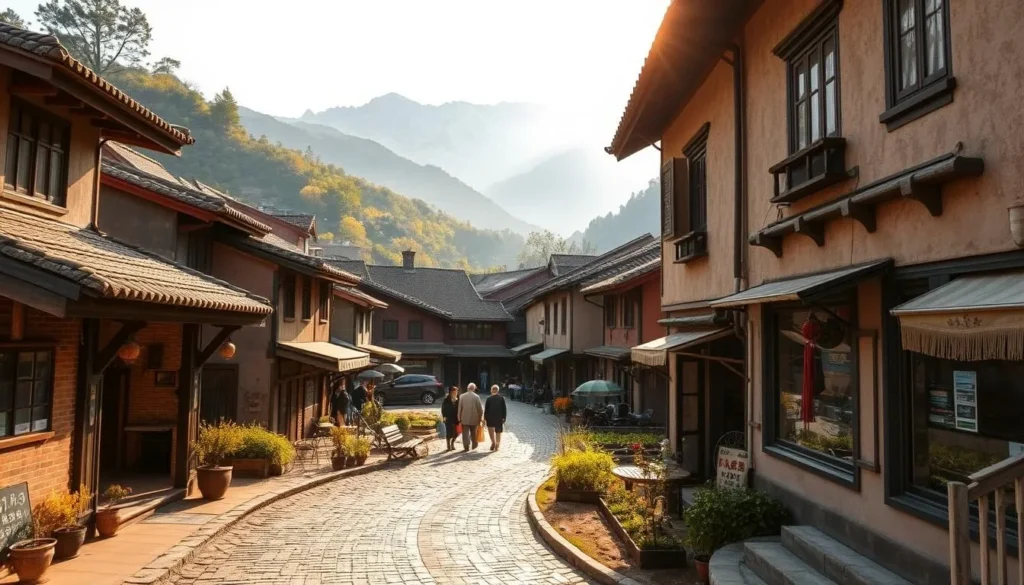 A quaint Yuhu Village nestled in the verdant hills of Lijiang, China. A picturesque scene with traditional Naxi architecture, tiled roofs, and wooden beams, bathed in warm, golden sunlight. In the foreground, a cobblestone path winds through a charming town square, surrounded by local shops and cafes. In the middle ground, villagers go about their daily lives, tending to gardens and chatting with neighbors. The background showcases the majestic Jade Dragon Snow Mountain range, its peaks capped with pristine snow. An atmosphere of tranquility and timeless beauty pervades the scene, inviting the viewer to step into this off-the-beaten-path destination and experience the authentic, unhurried rhythm of life in rural China.