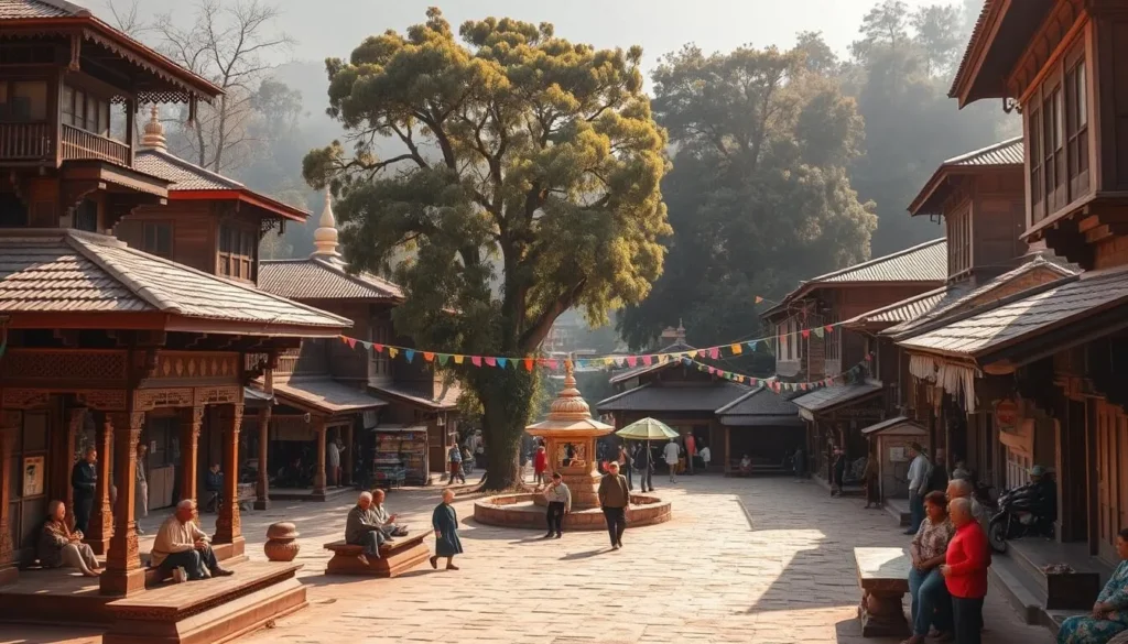 A quaint ancient town nestled in the foothills of Nepal, Panauti exudes an enchanting timelessness. Capture the intricate wooden architecture and ornate Hindu temples lining the bustling market streets, bathed in warm, golden sunlight. In the tranquil town square, elderly locals converse on carved stone benches, surrounded by towering, centuries-old trees. Explore the winding alleyways leading to hidden courtyards, where children play and colorful prayer flags flutter gently in the breeze. Convey the sense of history and cultural preservation that permeates this remarkable, well-preserved Nepalese town.