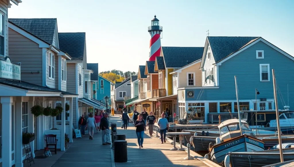 A quaint coastal village nestled along the shores of Hatteras Island, North Carolina. Sun-dappled streets lined with charming clapboard houses, their weathered facades painted in soft pastels. Picturesque fishing docks where wooden boats sway gently, their hulls reflecting the crystal-clear waters. In the distance, a historic lighthouse stands tall, its beacon guiding weary travelers home. Locals stroll unhurriedly, stopping to browse the eclectic shops and cafes that dot the main thoroughfare. A tranquil scene of small-town Americana, bathed in the golden glow of a seaside afternoon.