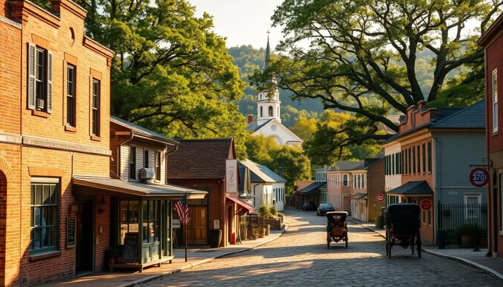 A quaint colonial-era town nestled in the rolling hills, bathed in warm afternoon sunlight. Cobblestone streets lined with charming brick and timber-framed buildings, their facades adorned with intricate architectural details. In the foreground, a small family-owned general store with a welcoming porch, while in the middle ground, a horse-drawn carriage trots by. The background features a steepled church and the lush, verdant canopy of ancient oak trees. The scene conveys a sense of timeless tranquility and the enduring legacy of Maryland's colonial heritage.