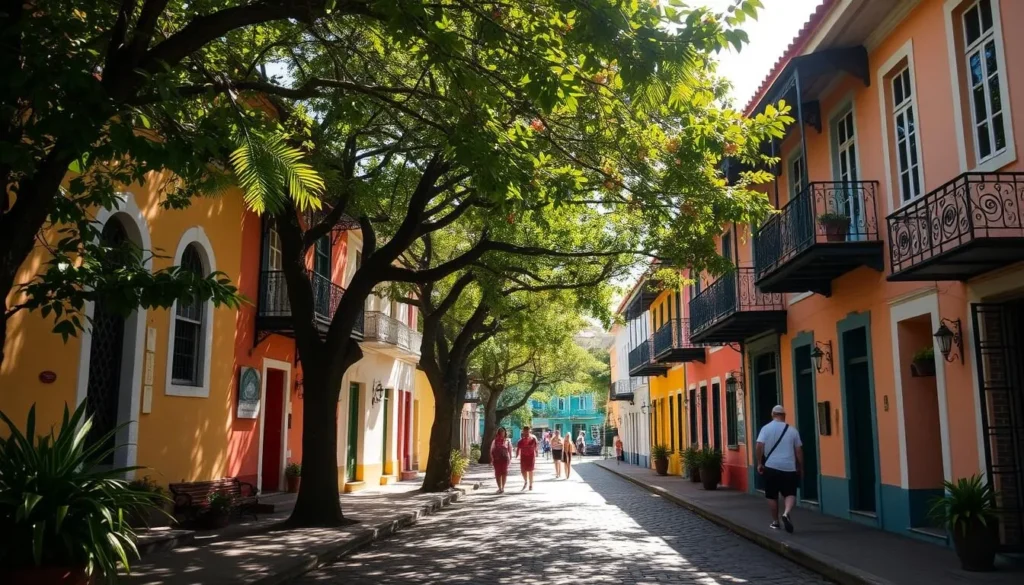 A quaint, historic quarter in the charming town of Roseau, Dominica. Cobblestone streets lined with vibrant, pastel-colored colonial-era buildings, their balconies adorned with intricate wrought-iron railings. Lush, tropical foliage frames the scene, swaying gently in the warm Caribbean breeze. Sunlight filters through the canopy of trees, casting a warm, golden glow over the picturesque streetscape. Locals and visitors stroll leisurely, admiring the well-preserved architecture and soaking in the laid-back atmosphere of this captivating historical enclave.