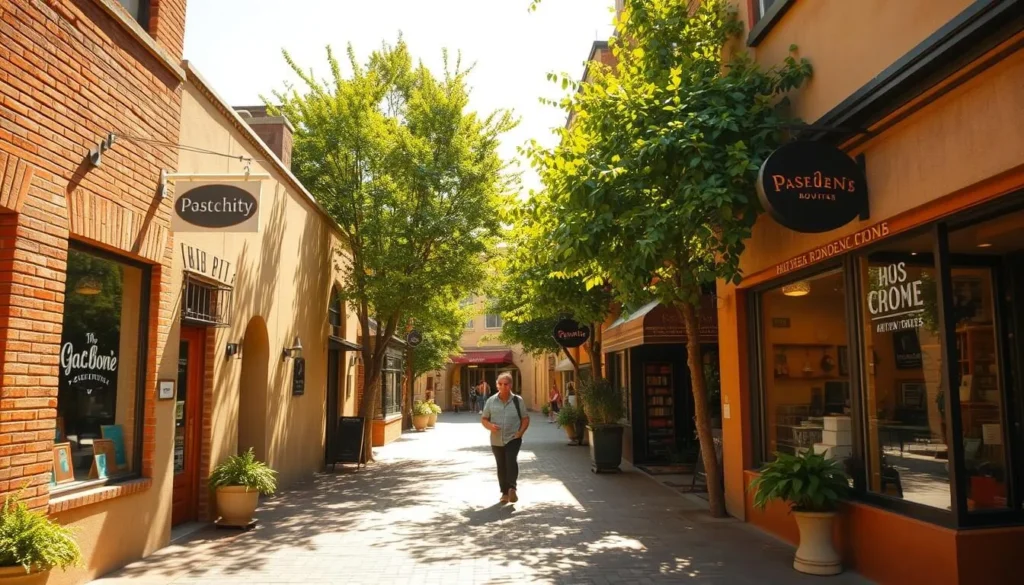 A quaint, sun-dappled alleyway nestled in the heart of Pasadena, lined with charming independent boutiques, artisan cafes, and hidden bookstores. The brick and stucco facades cast warm, golden shadows across the cobblestone path, as a gentle breeze rustles the lush, verdant foliage overhead. A lone pedestrian strolls leisurely, pausing to admire the vibrant window displays and hand-painted signage that beckon passersby to explore the enchanting, off-the-beaten-path delights that define this local gem. Capture the inviting atmosphere of discovery, where the mundane gives way to the extraordinary in this quintessential Pasadena hideaway.
