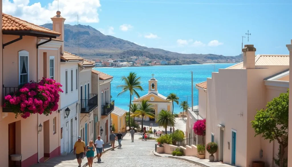 A quaint, sun-drenched village nestled along the crystalline shores of Bonaire. In the foreground, cobblestone streets wind past charming, pastel-hued houses adorned with bougainvillea-draped balconies. Locals and visitors stroll leisurely, capturing the tranquil, unhurried pace of life. In the middle ground, a picturesque plaza features a historic church with a distinctive bell tower, surrounded by lush palm trees and vibrant blooms. The background reveals the sparkling, turquoise waters of the Caribbean, framed by the island's rugged, volcanic landscape. Warm, natural lighting bathes the scene, creating a serene, inviting atmosphere that perfectly captures Bonaire's unspoiled, laidback allure.