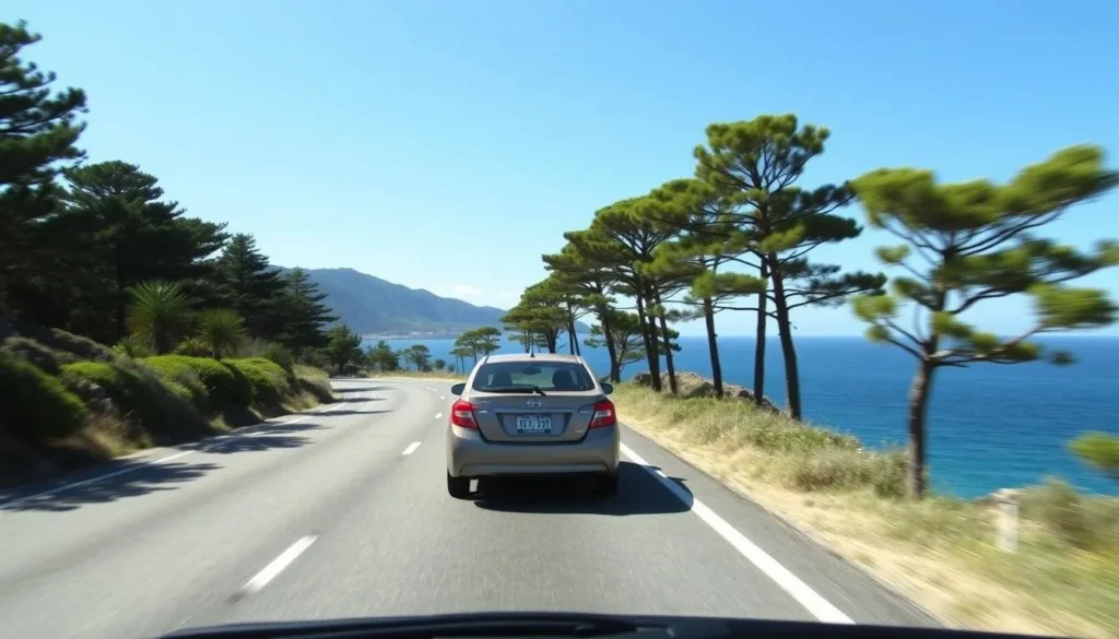 A rental car driving along a scenic coastal road on Norfolk Island with Norfolk pines lining one side and ocean views on the other A rental car driving along a scenic coastal road on Norfolk Island with Norfolk pines lining one side and ocean views on the other