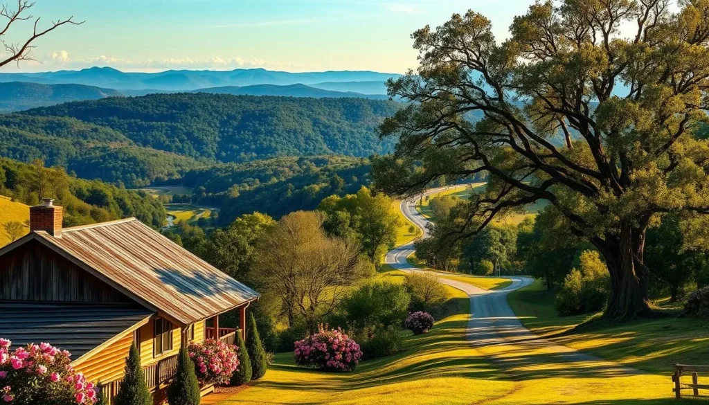 A rolling landscape of verdant hills and lush forests, with meandering streams and hidden waterfalls. In the foreground, a picturesque Southern farmhouse, its weathered wooden siding and tin roof bathed in warm, golden sunlight. Tall, stately oak trees dot the scene, their branches casting gentle shadows across the scene. In the middle ground, a winding country road leads the eye deeper into the serene, pastoral setting, framed by blooming azalea bushes and fragrant magnolia trees. The background is dominated by a range of distant, hazy blue mountains, their peaks touched by wispy clouds. The overall mood is one of tranquility, charm, and the timeless beauty of the Peach State.