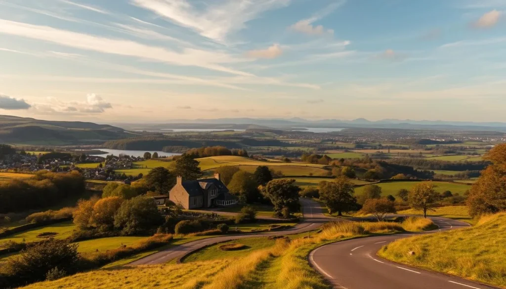 A rolling, verdant Scottish countryside dotted with quaint villages, ancient castles, and picturesque lochs. In the foreground, a winding country road leads towards a scenic overlook, offering panoramic vistas of the Tay Estuary and the rugged Angus Glens. Warm, golden sunlight filters through wispy clouds, casting a soft, inviting glow over the landscape. In the middle ground, a historic stone manor house nestled among mature trees, its grounds alive with blooming gardens and wandering wildlife. The background stretches into the distance, revealing the distant, hazy silhouettes of the Cairngorms National Park. An atmosphere of tranquility, adventure, and timeless beauty.
