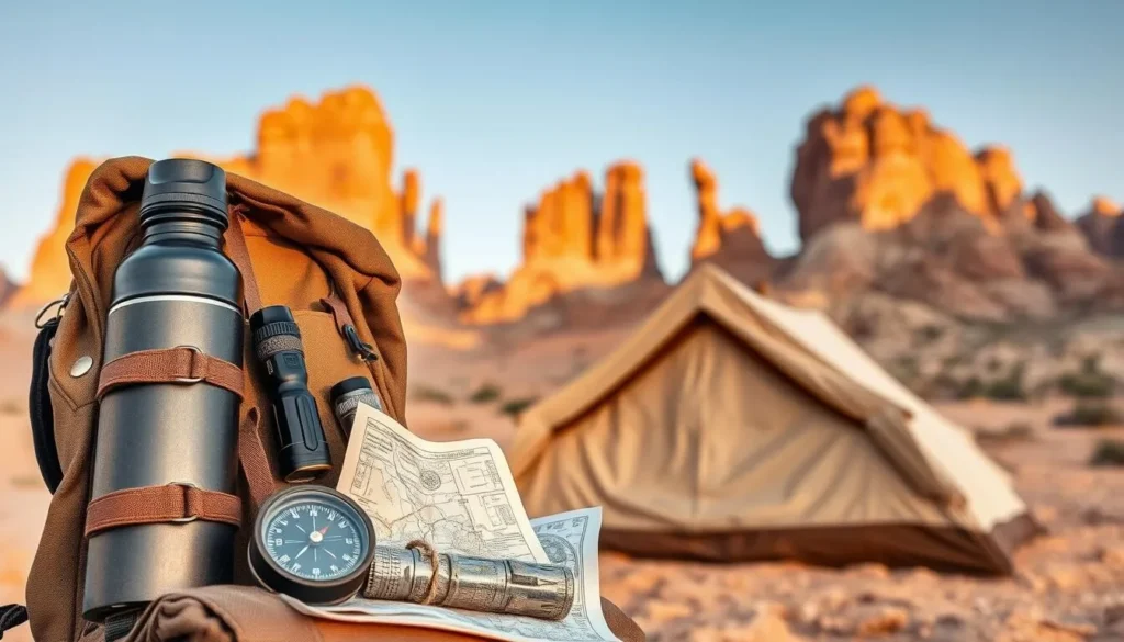 A rugged backpack sits in the foreground, filled with essential gear for a Wadi Rum adventure - a sturdy water bottle, a compact flashlight, a weathered compass, and a well-worn map. The middle ground reveals a cozy tent, its fabric a neutral, desert-inspired hue, set against the backdrop of towering, rust-colored sandstone formations, their shadows casting a warm, golden glow across the scene. Overhead, a clear, azure sky stretches out, hinting at the tranquil, arid environment that awaits the intrepid explorer. The overall mood evokes a sense of excitement and preparedness, inviting the viewer to envision themselves setting out on a remarkable journey through this stunning Jordanian landscape.