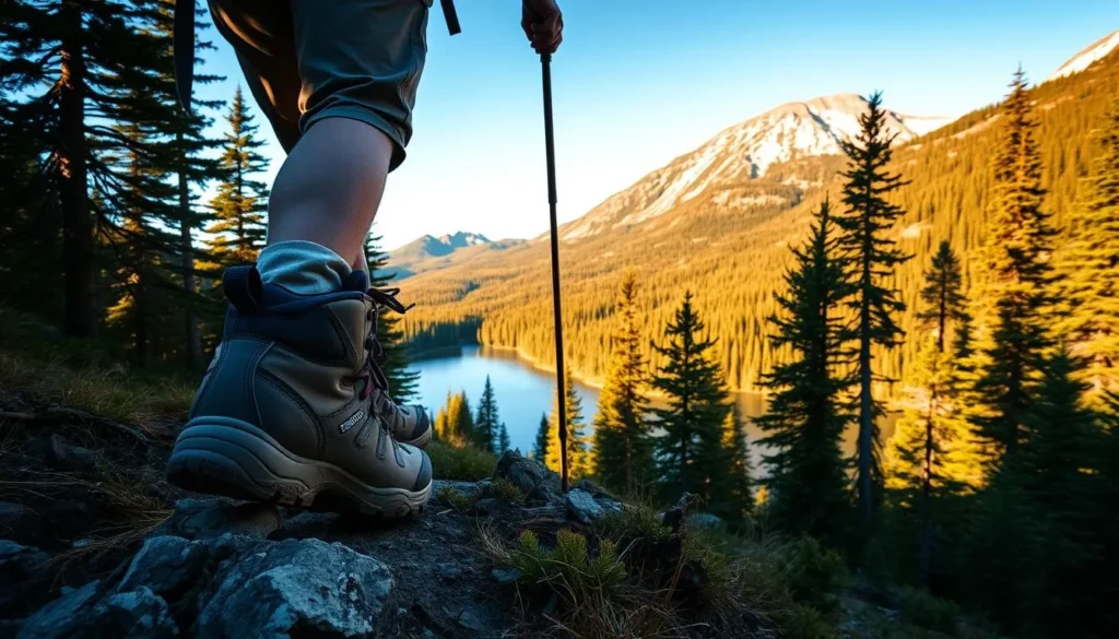A rugged hiker navigates the well-marked trails of Baxter State Park, surrounded by towering evergreen forests and majestic mountain peaks. Warm sunlight filters through the canopy, casting a golden glow on the weathered hiking boots and sturdy backpack. In the distance, a pristine alpine lake reflects the azure sky, inviting exploration. The serene scene conveys the essential gear needed for an adventurous journey through this unspoiled wilderness - durable hiking boots, a reliable backpack, and the spirit to embrace the tranquility of nature.