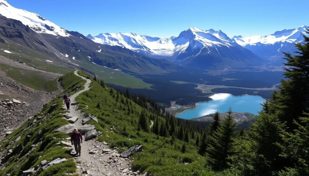 A rugged mountain trail winds through a majestic glacial landscape, flanked by towering peaks capped in pristine snow. Sunlight dapples the lush, verdant foliage as hikers traverse the path, their figures silhouetted against the breathtaking vistas. In the distance, a shimmering glacial lake reflects the surrounding splendor, its azure waters framed by jagged, ice-hewn cliffs. The scene exudes a sense of adventure and natural wonder, perfectly capturing the essence of a challenging, yet rewarding hike through Glacier National Park.
